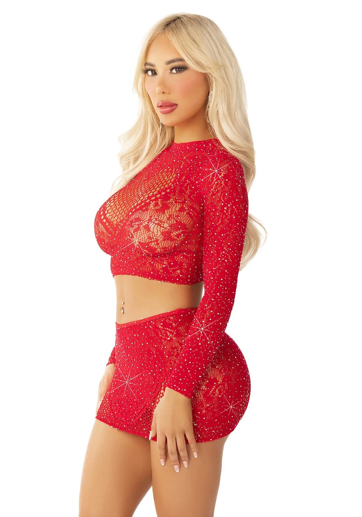 Completino Sexy Rhinestone Crop Top and Mini Skirt Rosso