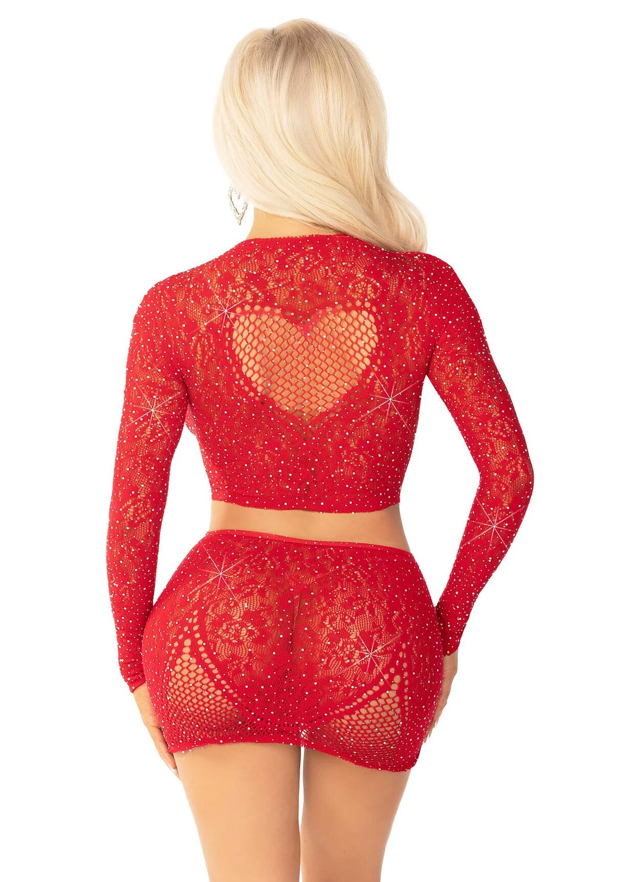 Completino Sexy Rhinestone Crop Top and Mini Skirt Rosso